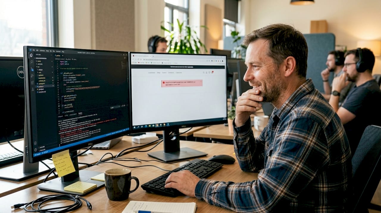 IT worker checking code validation at desk