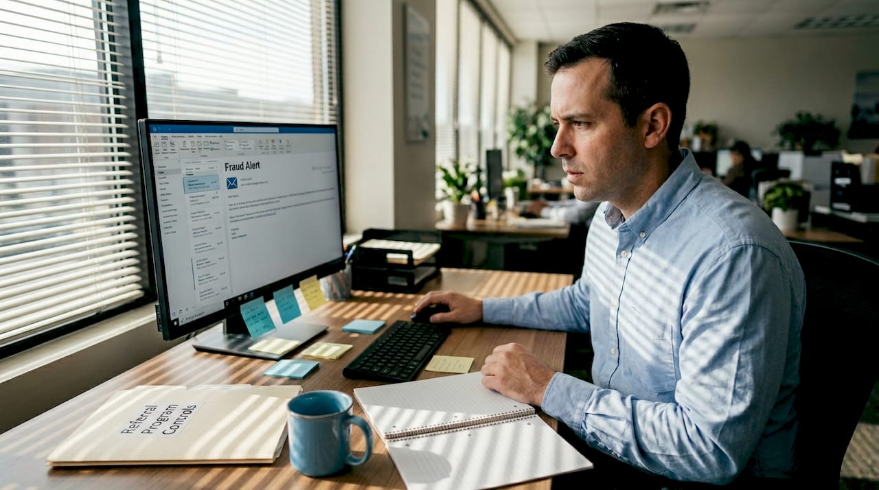 Manager reviewing fraud alert in referral program