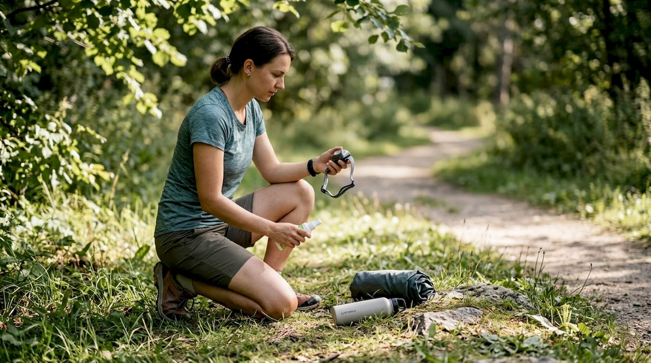 Pārgājienu entuziasts pirms vasaras pārgājiena pārbauda vieglo lukturīti.