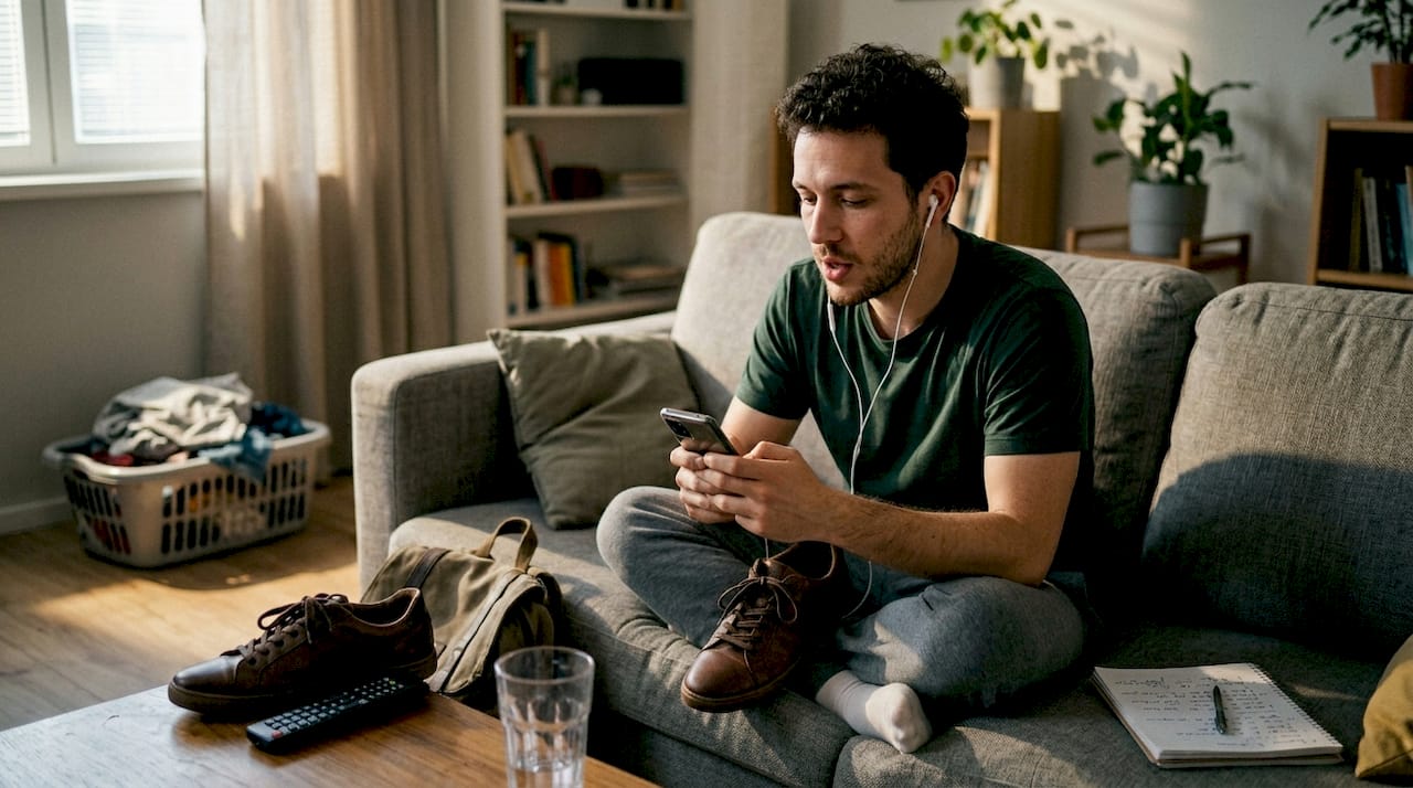 Man using Spanish app on sofa