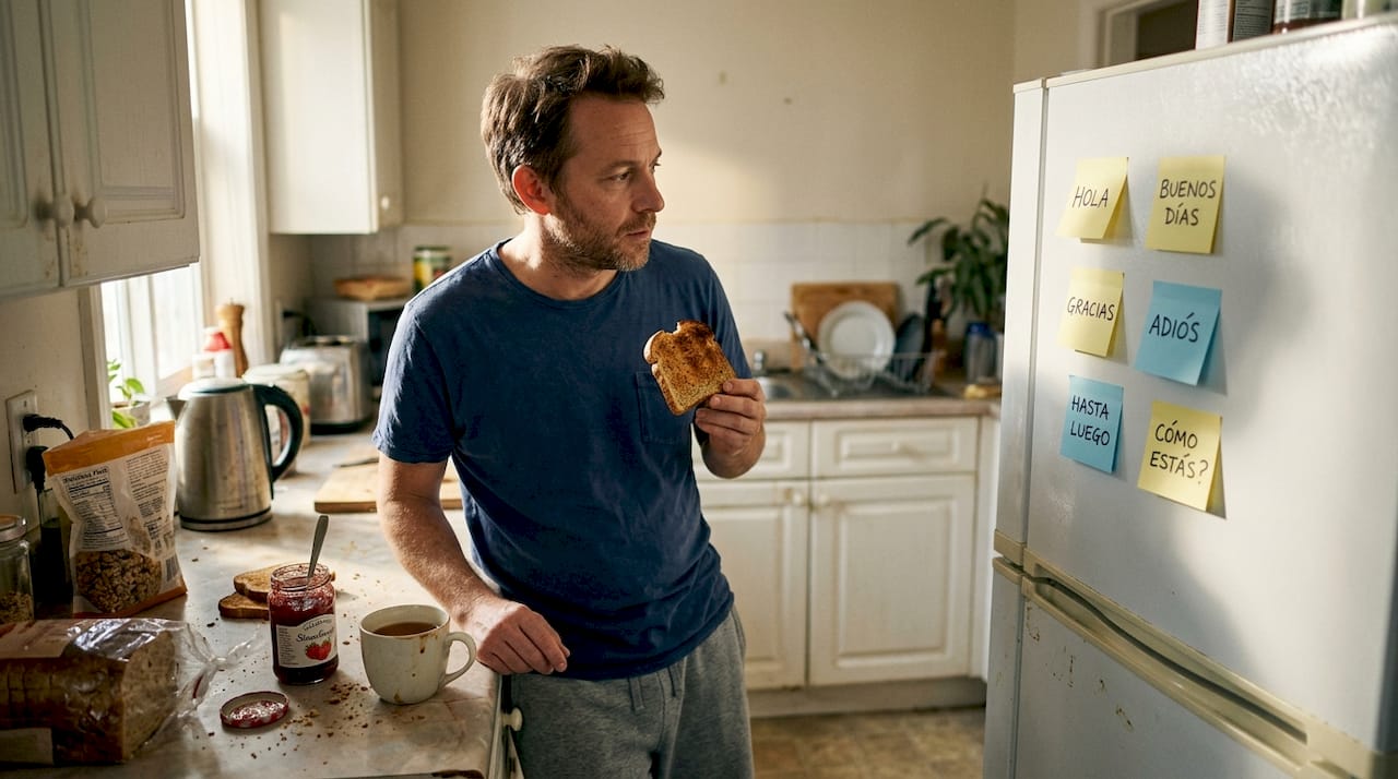 Man practicing Spanish phrases at kitchen counter