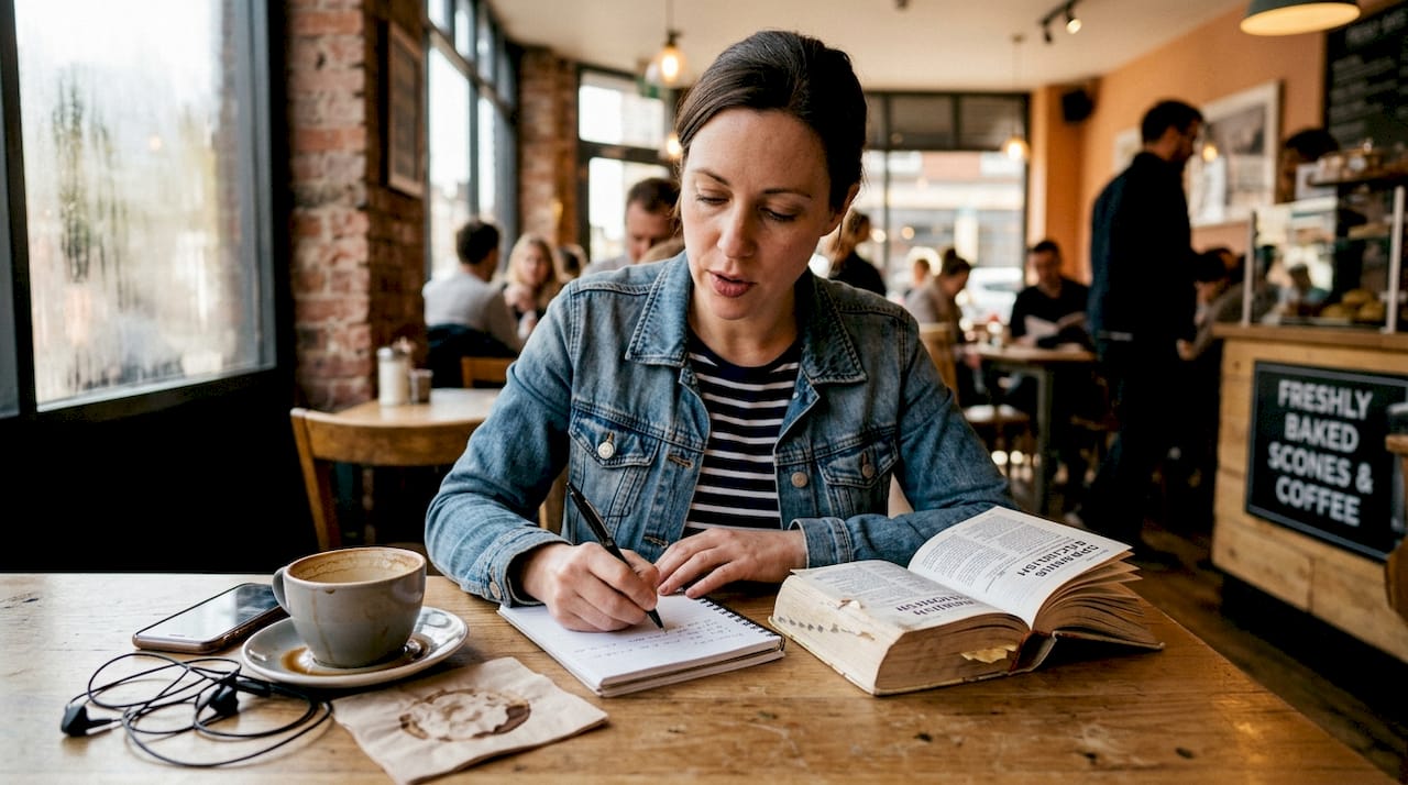 Woman practicing Spanish at café table