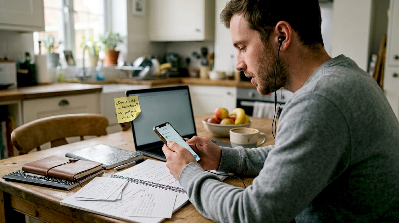 Practicing Spanish phrases at kitchen table