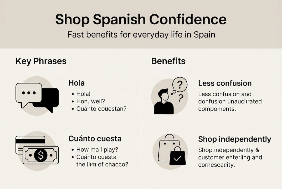 Infographic with shop Spanish phrases and benefits