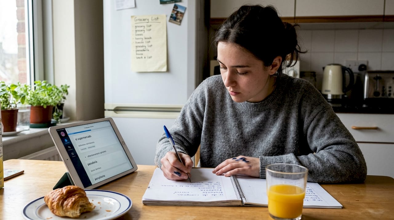 Woman writes Spanish phrases at kitchen table