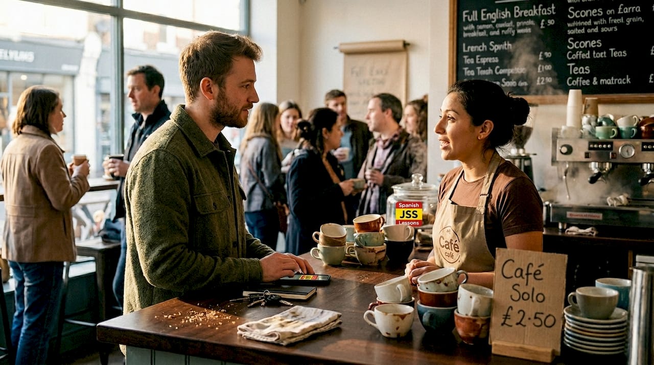 Man ordering coffee practicing Spanish in cafe
