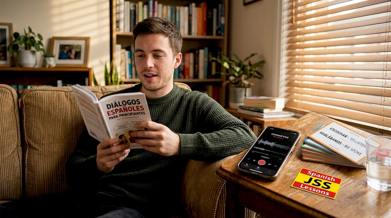 Man practicing Spanish pronunciation at home