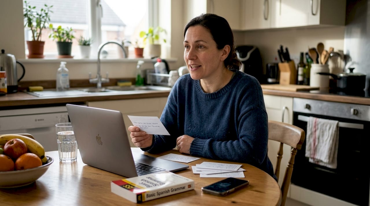 Woman practicing Spanish phrases at kitchen table