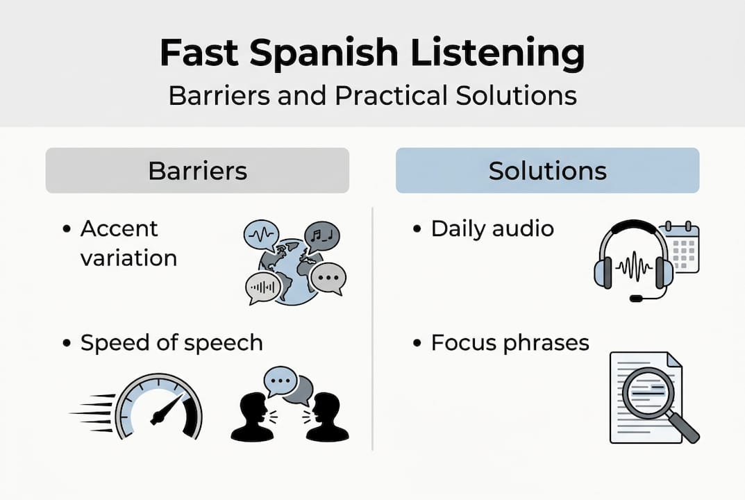 Infographic showing Spanish listening barriers and solutions