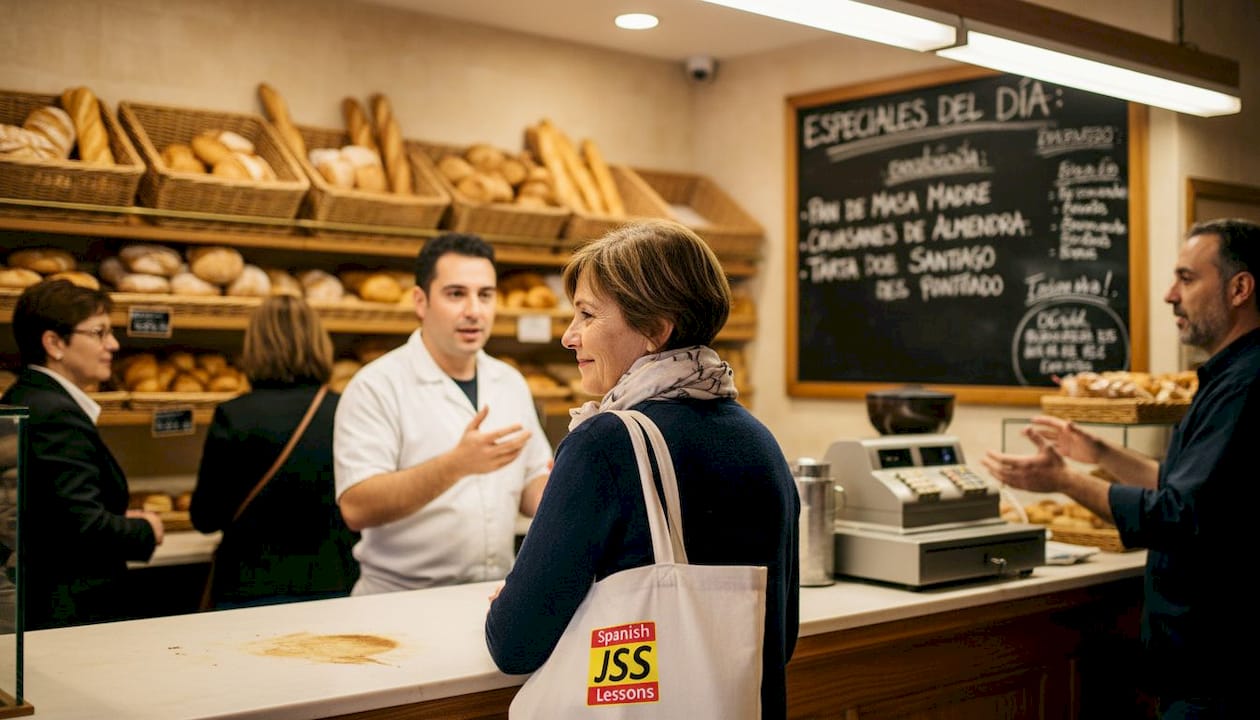 Woman listens in Spanish bakery conversation