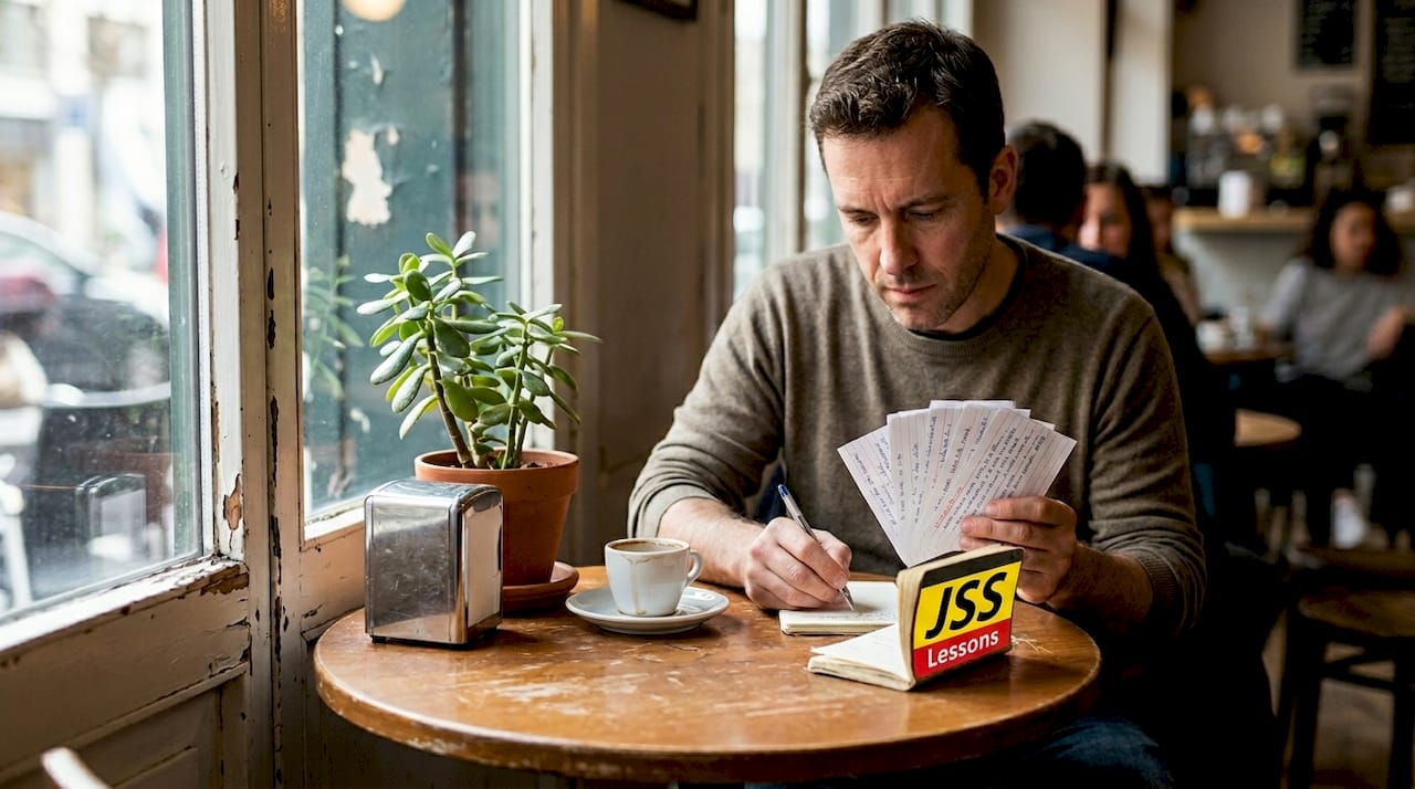 Man reviews Spanish notes in café