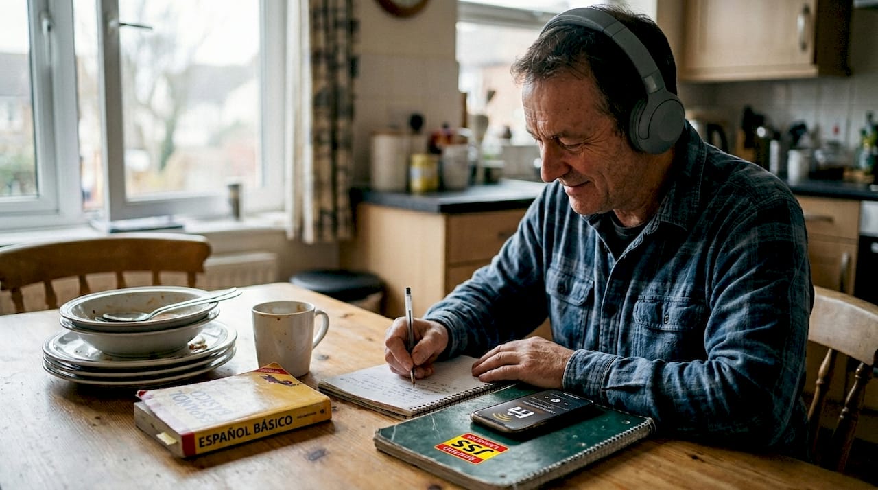 Man studying Spanish with podcast and notes