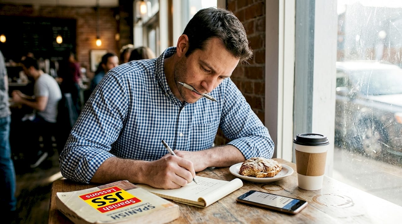 Man struggling with Spanish grammar in café