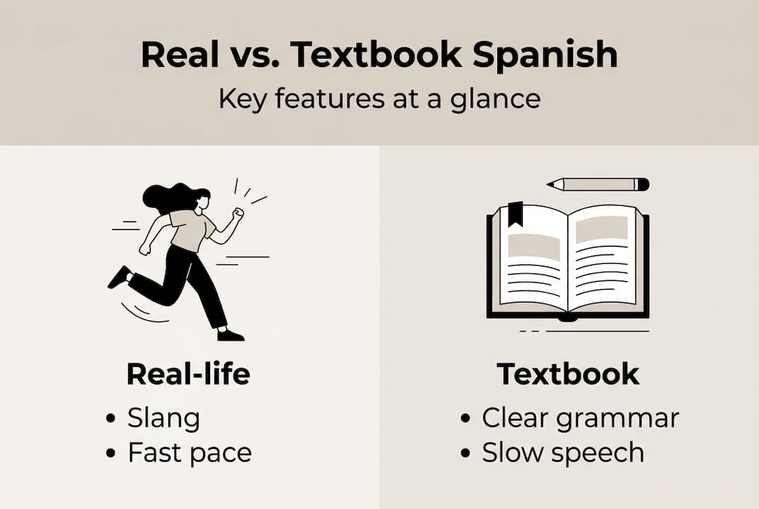 Infographic comparing real and textbook Spanish