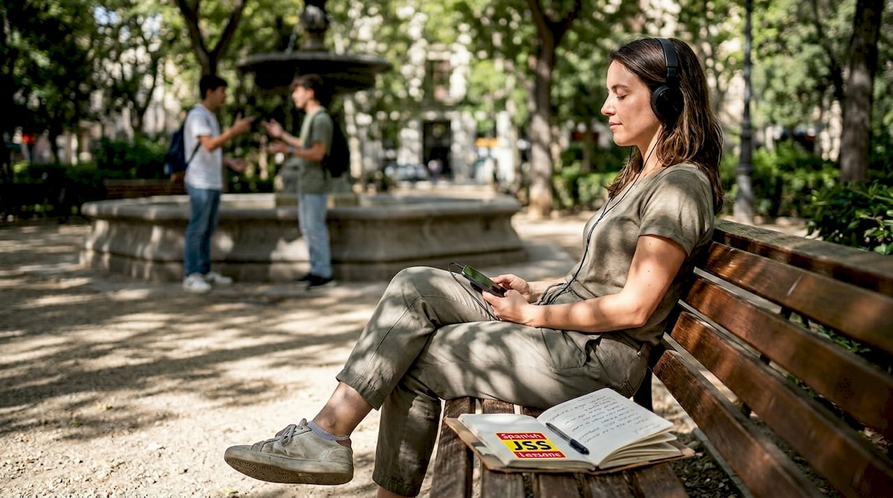 Woman practicing Spanish listening in city park