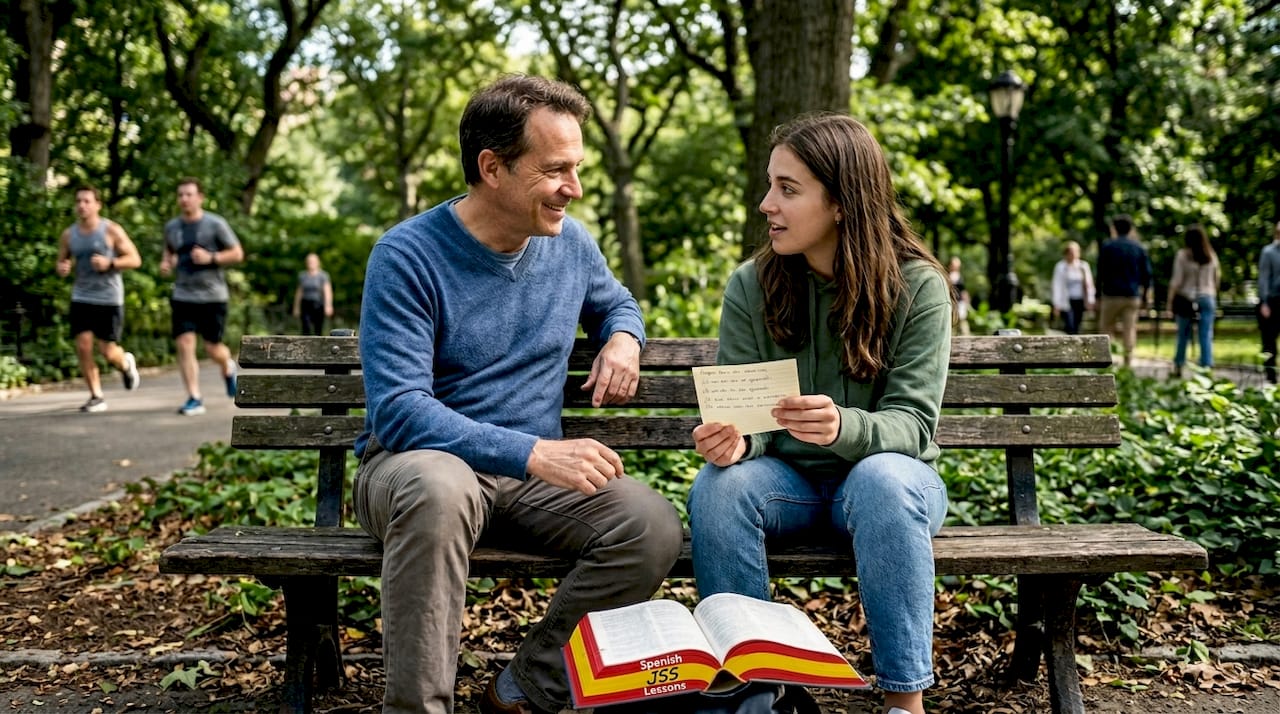 Park bench Spanish conversation practice