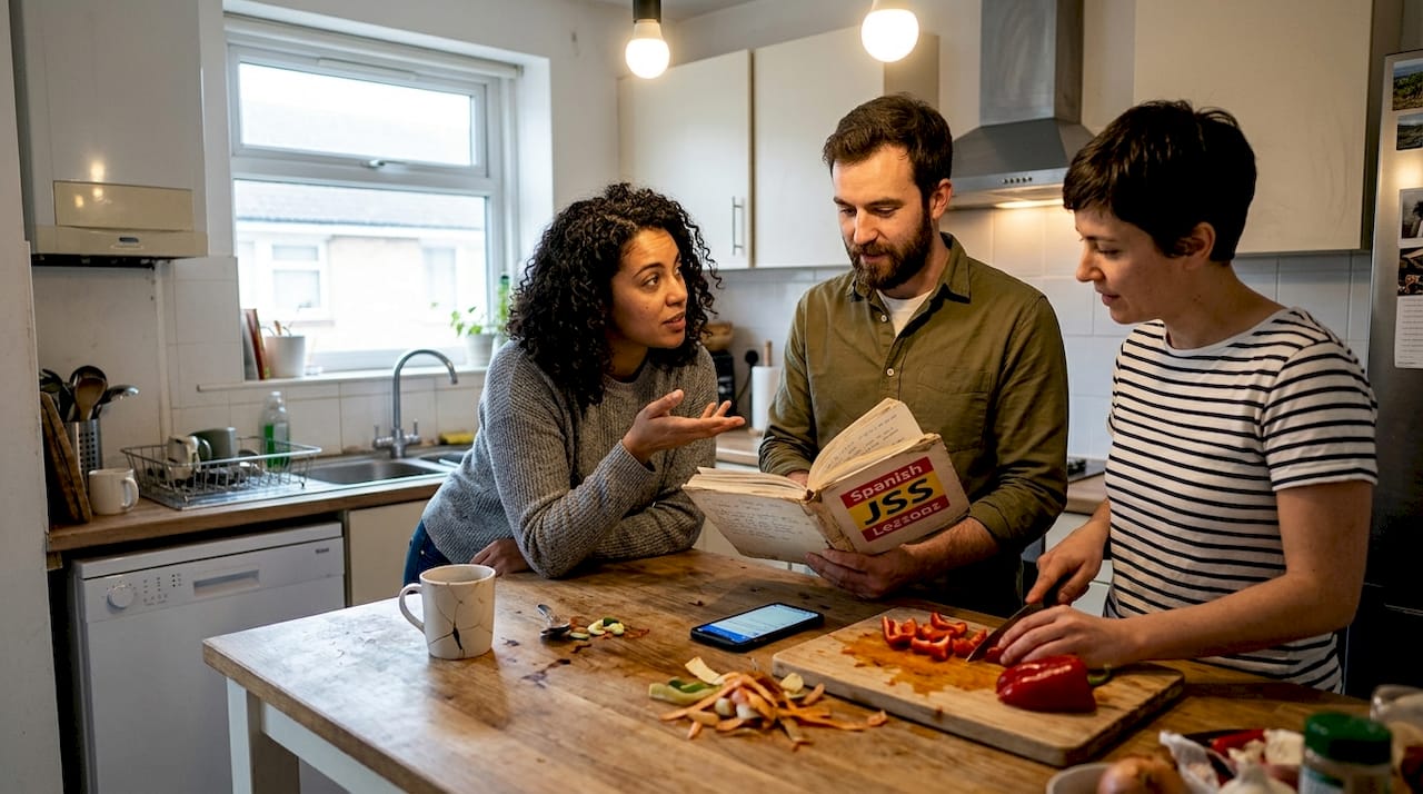 Friends using Spanish while cooking together