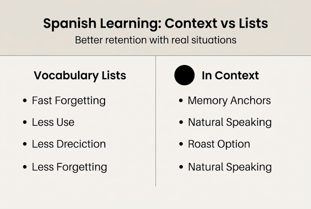 Infographic comparing vocabulary lists and context learning