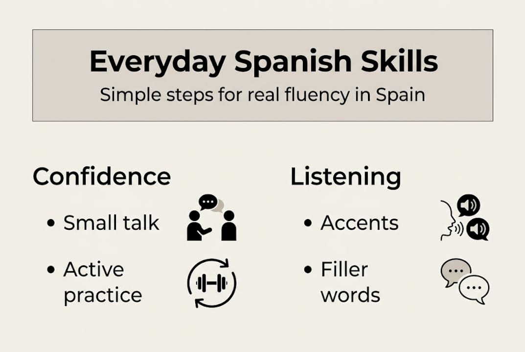 Infographic showing practical spoken Spanish strategies