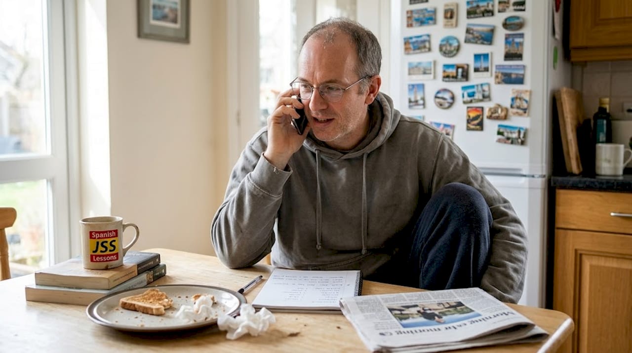 Man practicing Spanish on smartphone at kitchen table