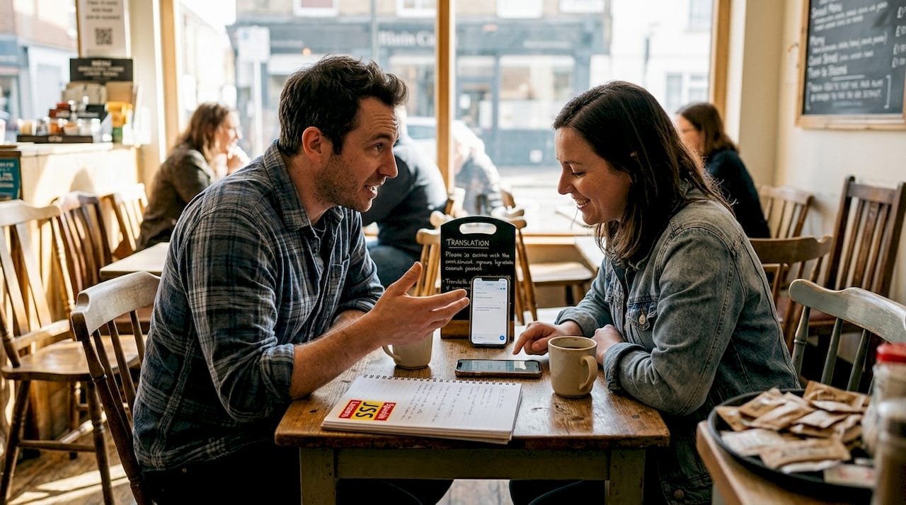 Friends speaking Spanish at café table