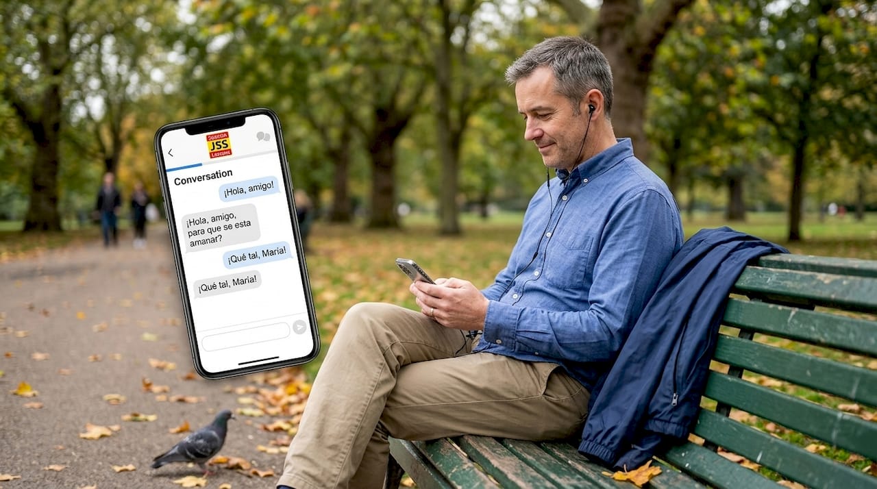 Man practicing Spanish with phone on park bench