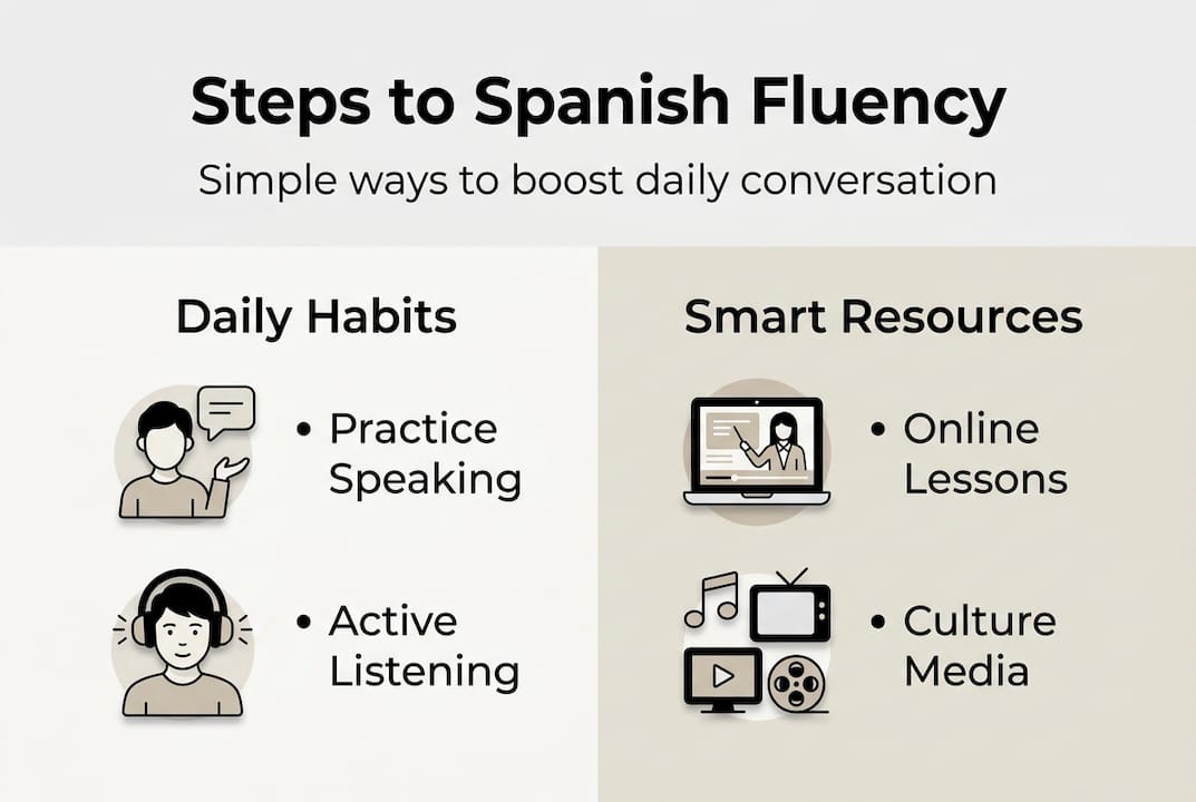 Infographic showing daily and resource steps for Spanish fluency