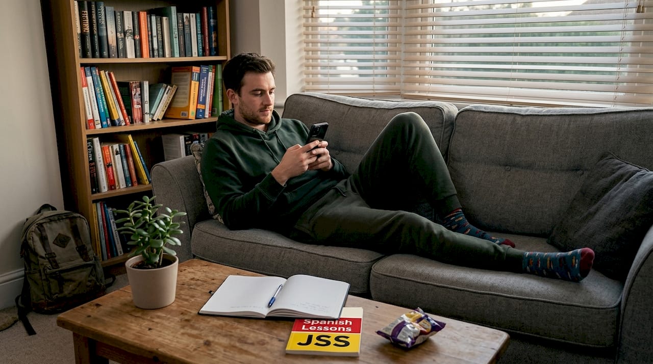 Man learning Spanish with daily phone routine