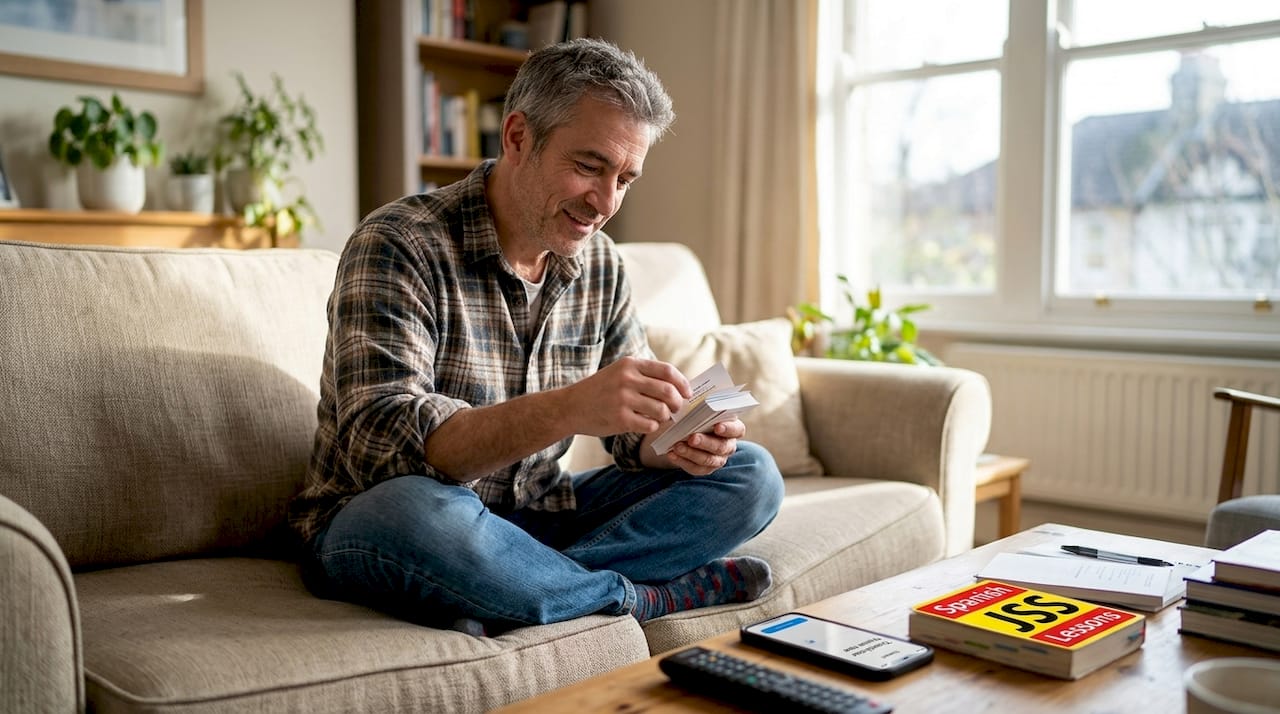 Man practicing Spanish vocabulary with flashcards