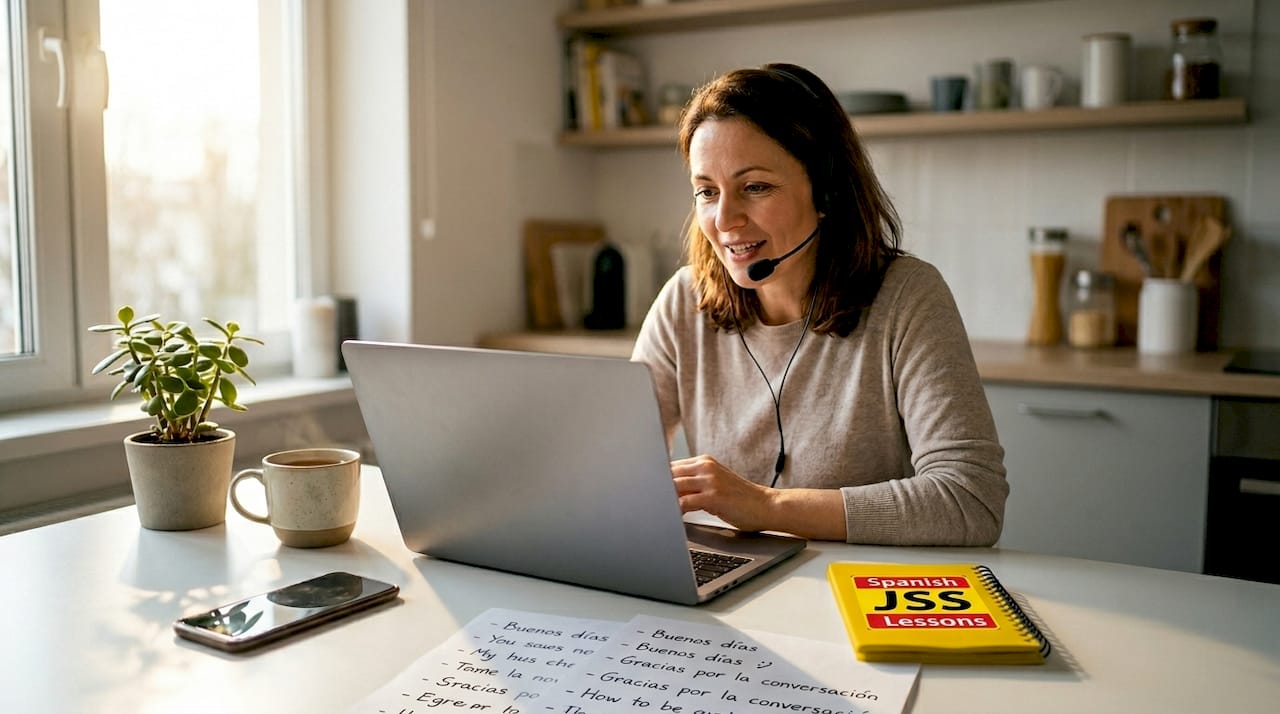 Woman in video Spanish language exchange at home
