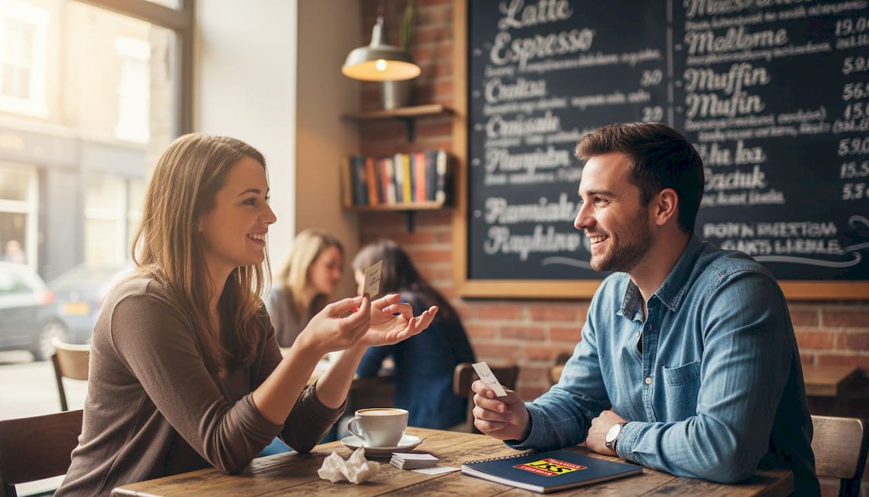 Friends practicing Spanish with flashcards in café