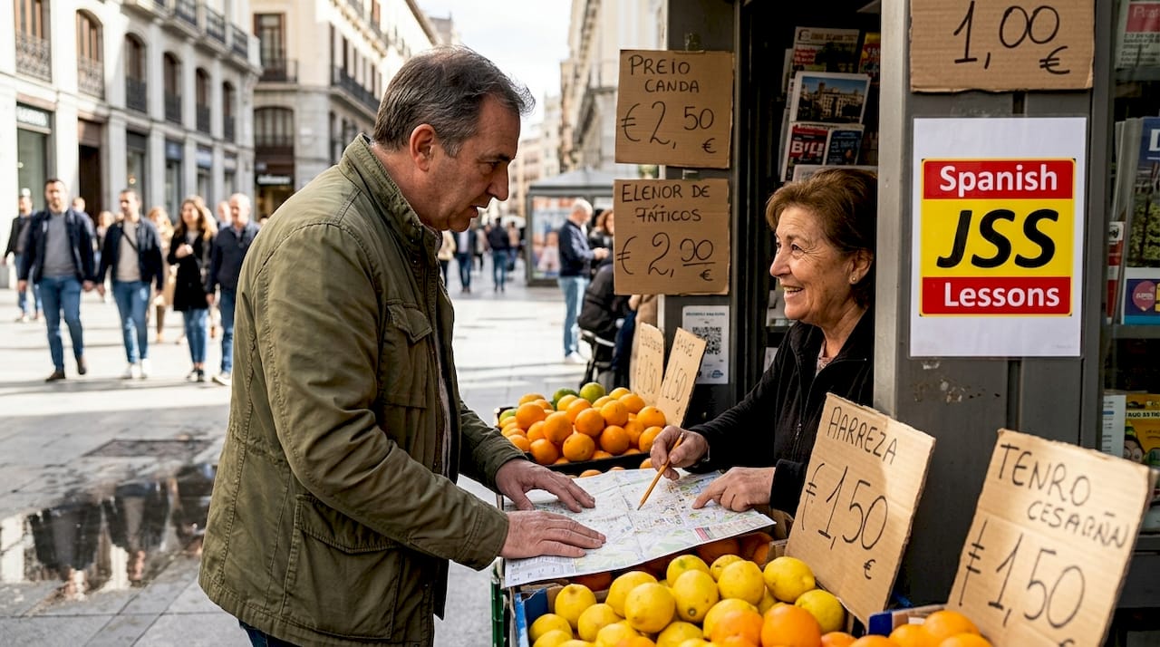 Man speaking Spanish at street kiosk