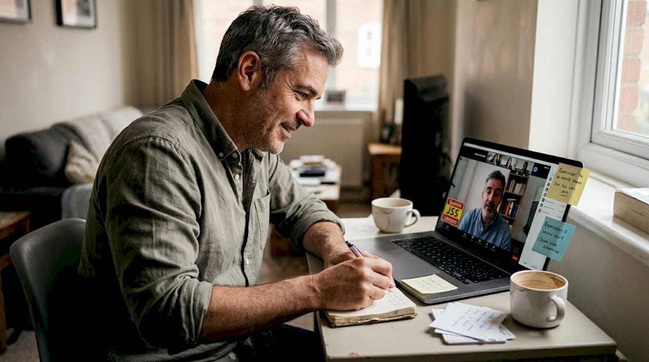 Man writing Spanish errors in notebook after session