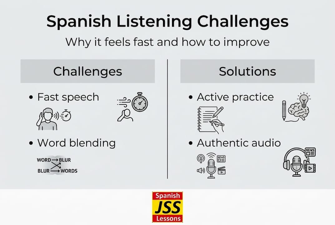 Infographic showing Spanish listening challenges and solutions