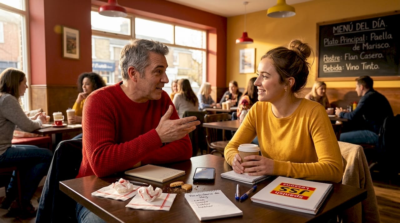 Two people practicing Spanish in café