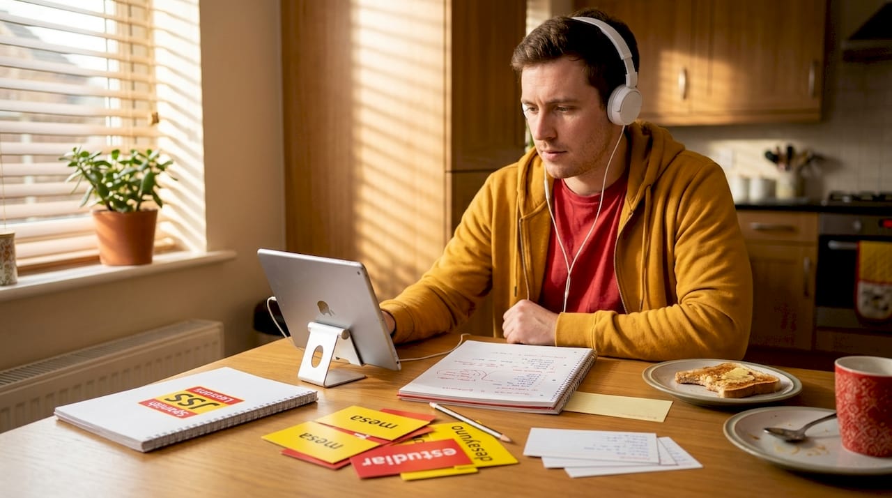 Man practising Spanish at home kitchen table