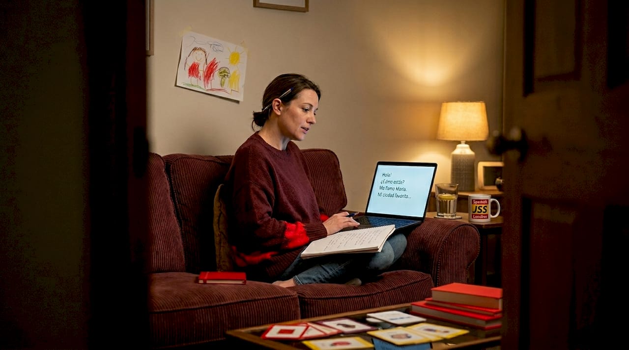 Woman practicing Spanish at home with laptop