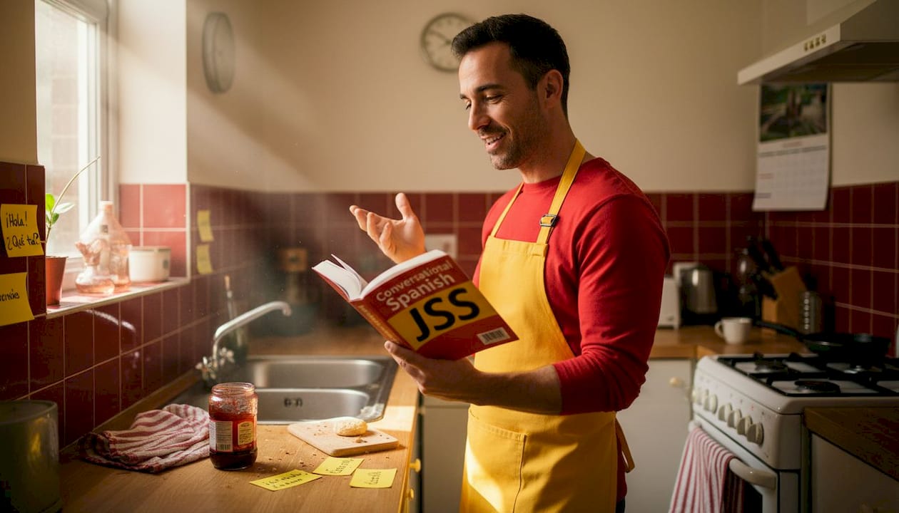 Student practicing Spanish at kitchen counter