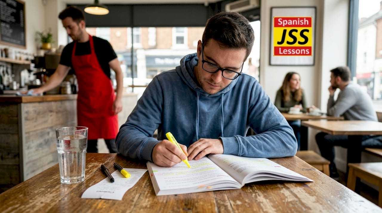 Man reviewing Spanish mistakes in journal