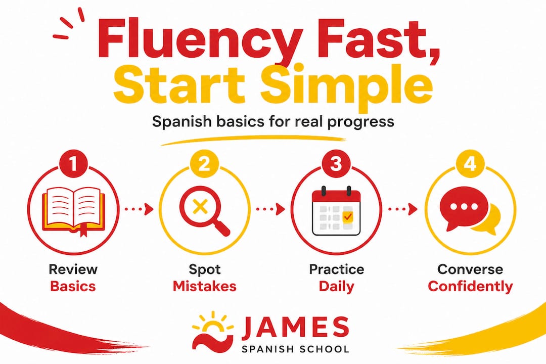 Infographic showing Spanish fluency process steps