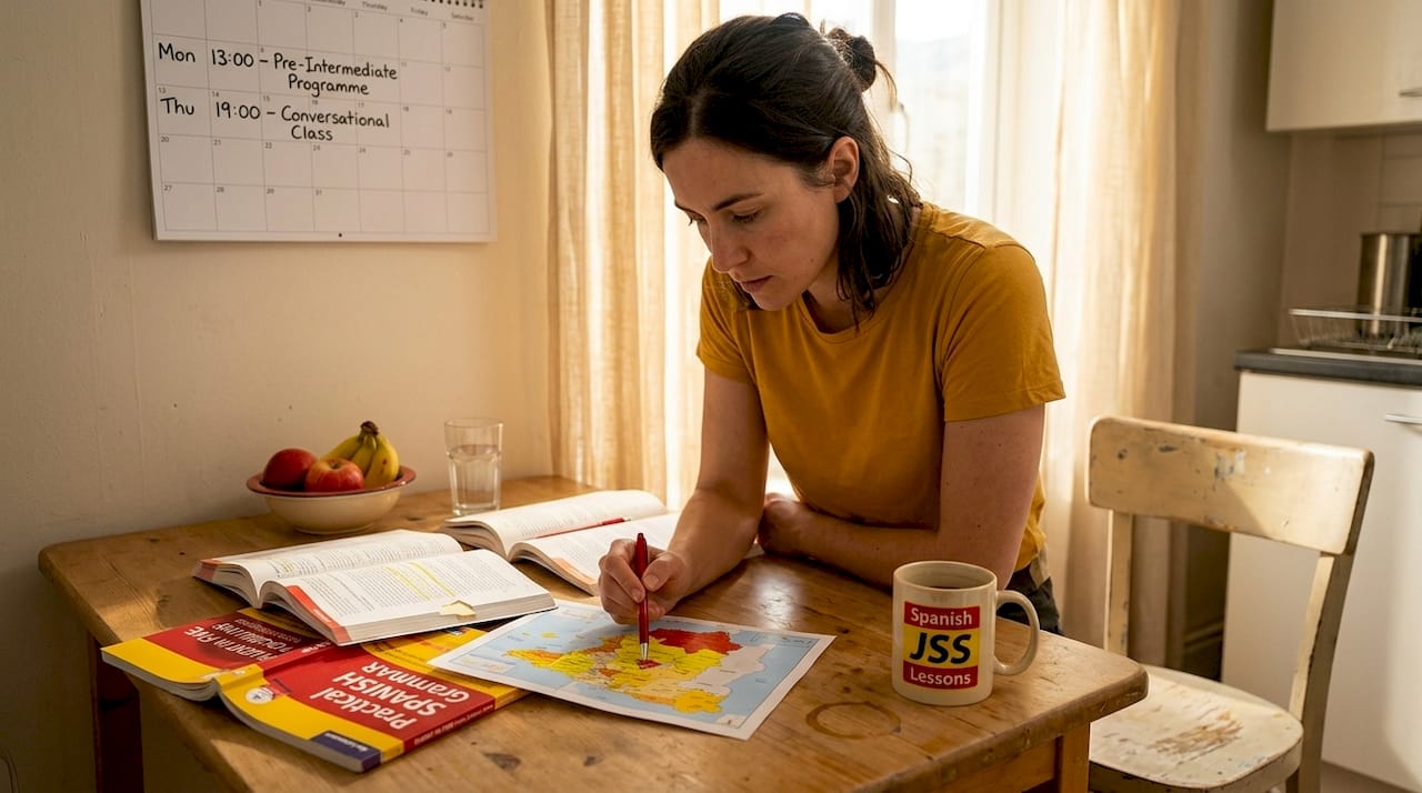 Person studying Spanish regional map at home