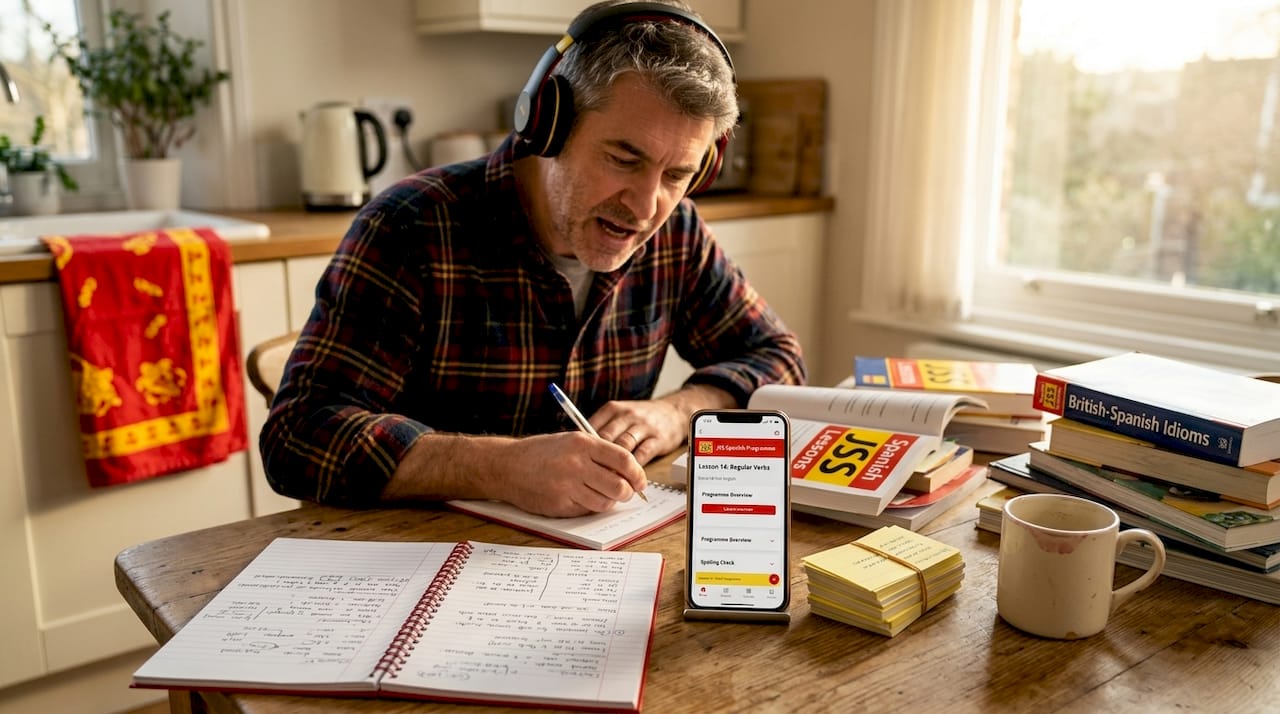 Man practicing Spanish skills at kitchen table
