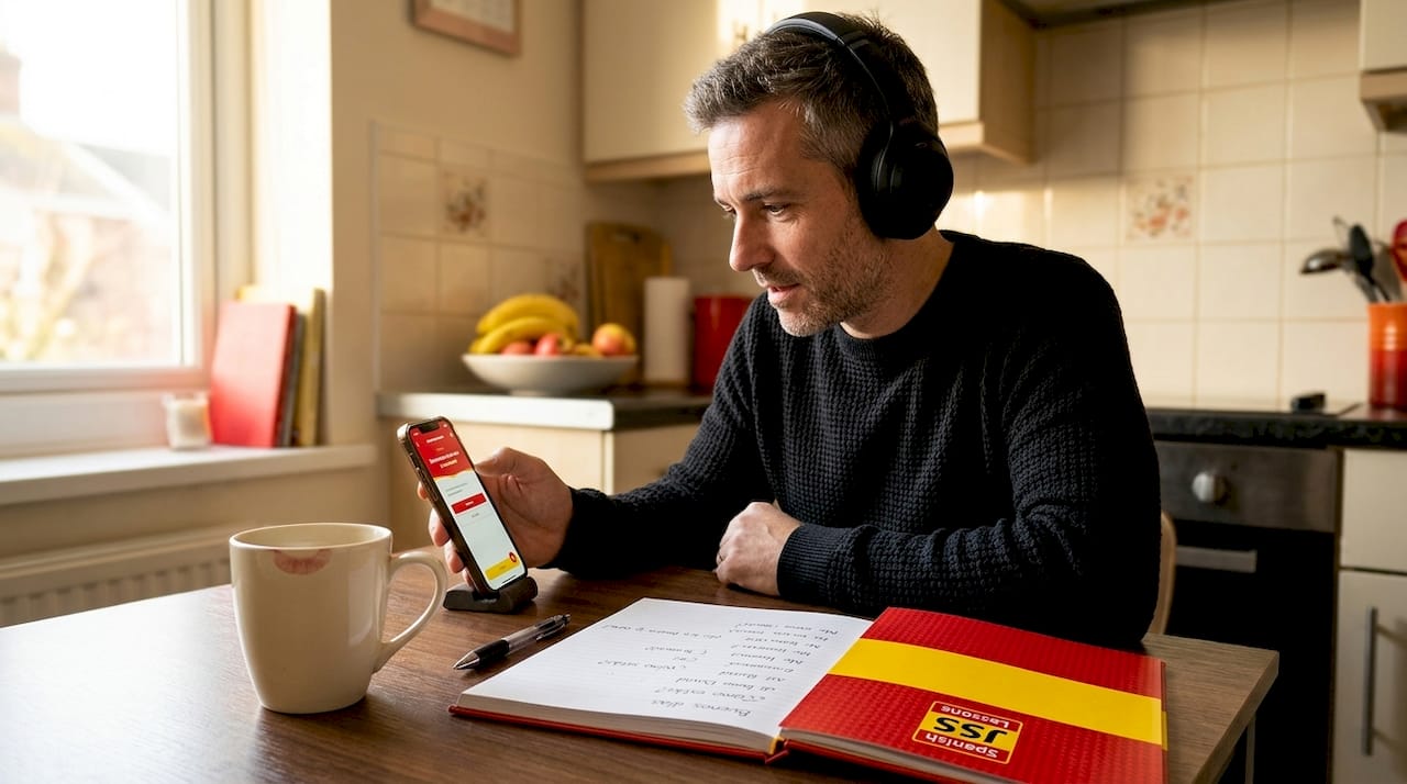 Man practicing Spanish immersion at kitchen table
