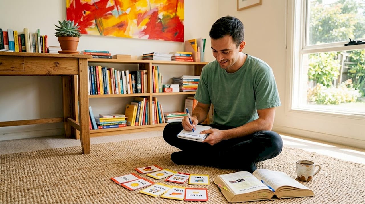 Man updating Spanish vocabulary progress journal