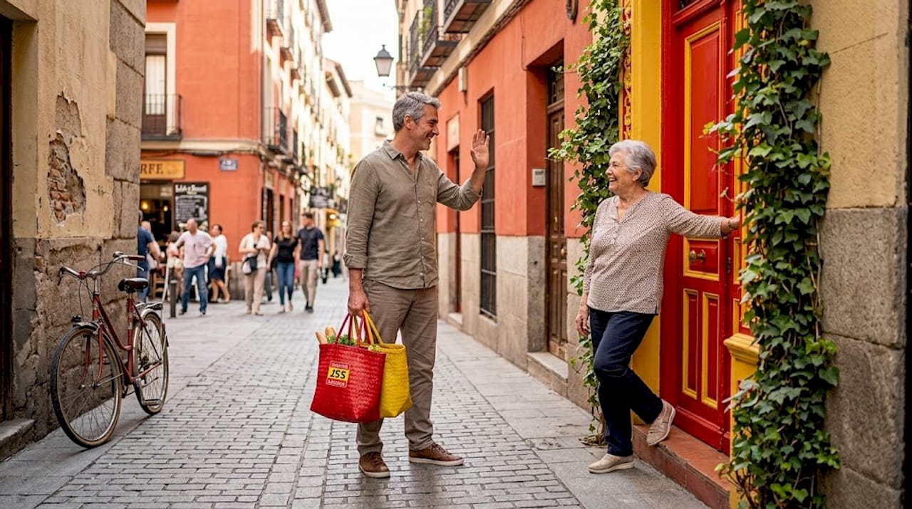 Man greeting neighbor on Spanish street