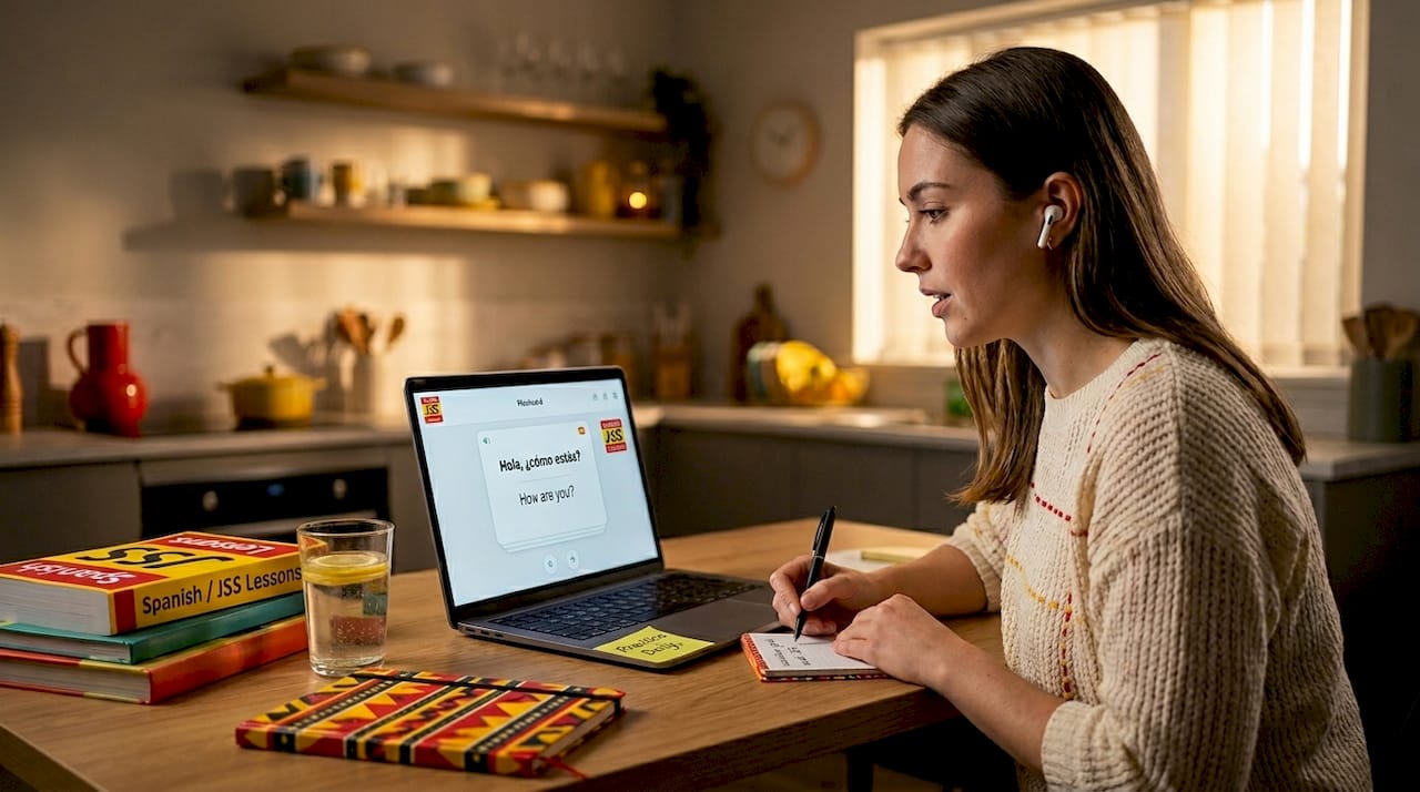 Woman uses language app for Spanish practice