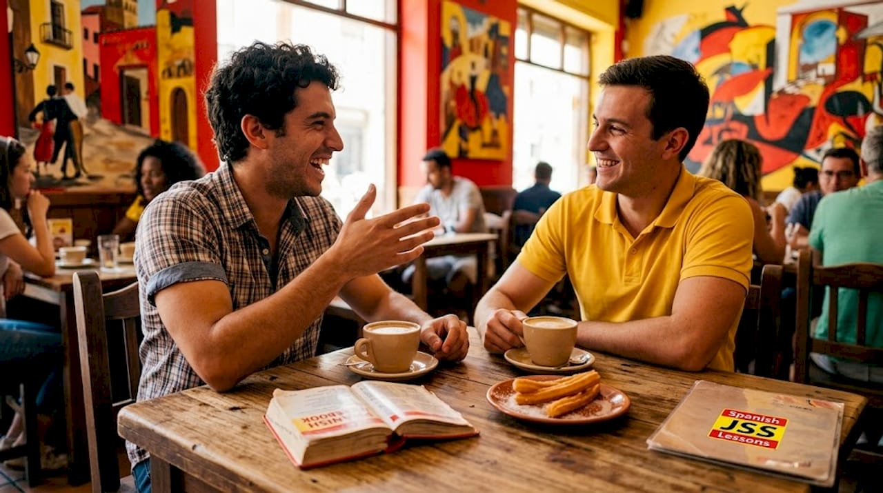 Friends practice Spanish idioms at café