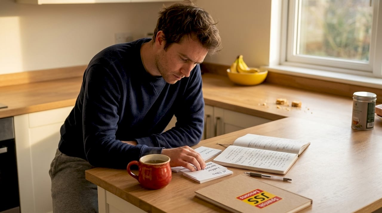 Man reviewing Spanish words at kitchen island