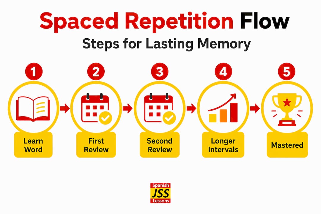 Vertical infographic showing spaced repetition process