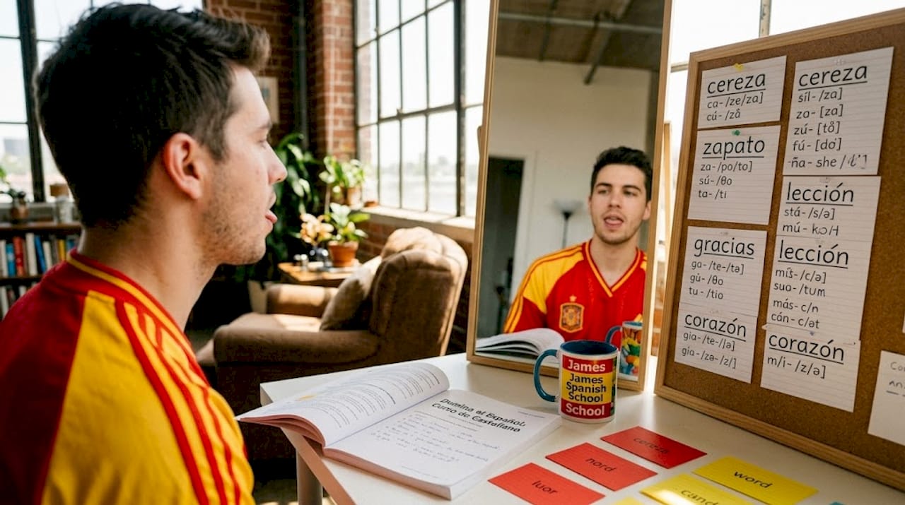 Man practicing Castilian Spanish pronunciation alone
